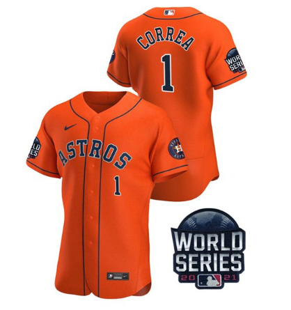 Men's Houston Astros #1 Carlos Correa 2021 Orange World Series Flex Base Stitched Baseball Jersey Men's Houston Astros #1 Carlos Correa 2021 Orange World Series Flex Base Stitched Baseball Jersey